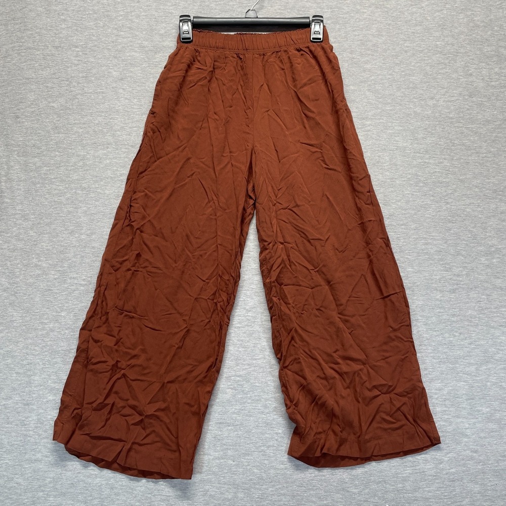 H&M High Waisted Crop Pants Womens XS Rust Brown Viscose Elastic Waist Wide Leg